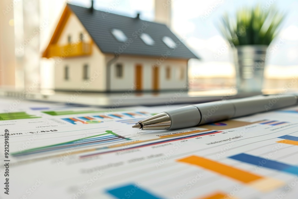 Poster a house model sitting on top of a pen and paper, incorporate interactive graphs and charts to visual
