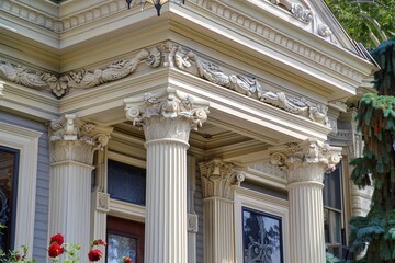 Obraz premium A Victorian house adorned with columns and blooming flowers in the front yard, Incorporate intricate details such as friezes, pediments, and pilasters into a neoclassical structure