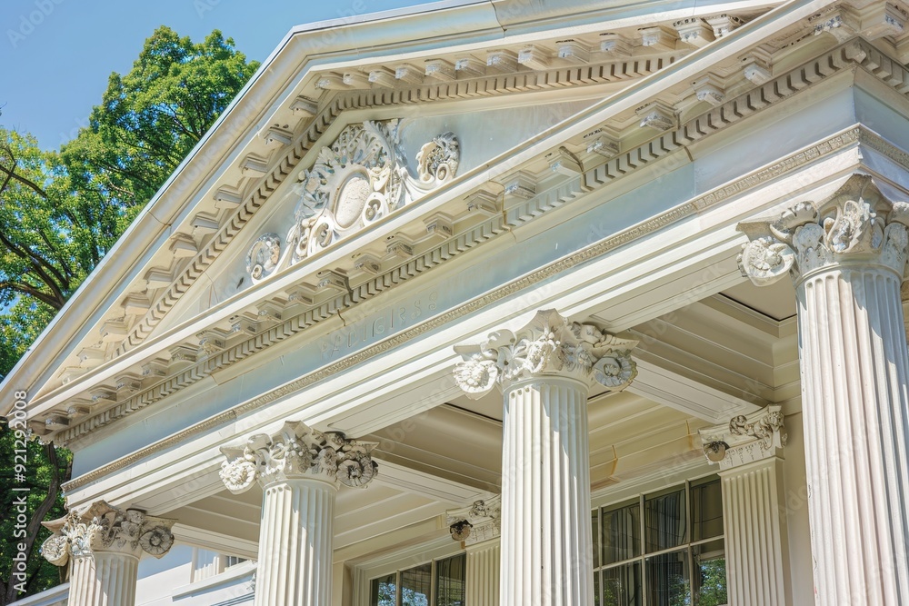 Poster white building with columns and pillars, incorporate intricate details such as friezes, pediments, a