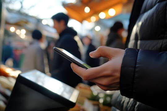 Customer is using a smartphone to make a contactless nfc payment at an outdoor food market - Powered by Adobe