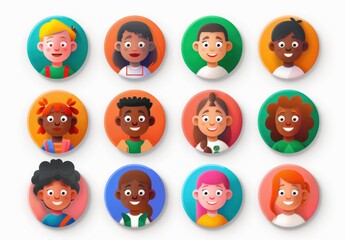 Fototapeta premium set of cute colorful circular character icons, people with different skin tones and hair styles on a white background Generative AI