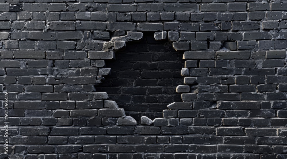 Poster this stunning 3d rendering features a captivating hole in a textured black brick wall, highlighting 