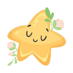 Cute Star with Flowers and Pretty Face Vector Illustration