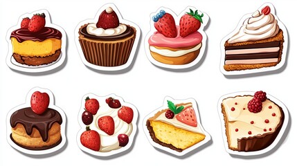 Assorted desserts including cakes and cupcakes with fruits on a white background