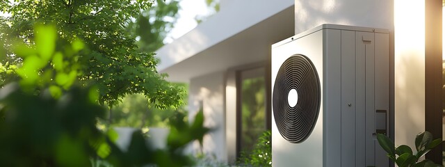 A high-resolution, ultra-realistic photograph of an outdoor heat pump unit mounted on the side wall of a modern home