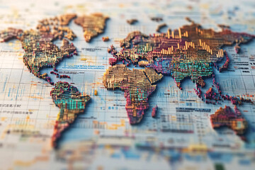 Naklejka premium Vibrant 3D World Map with Dynamic Data Visualization and Colorful Infographic Elements for Global Trends Analysis