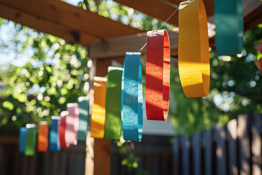 Colorful paper decorations hanging from a wooden structure in a garden, celebrating the jewish holiday of sukkot