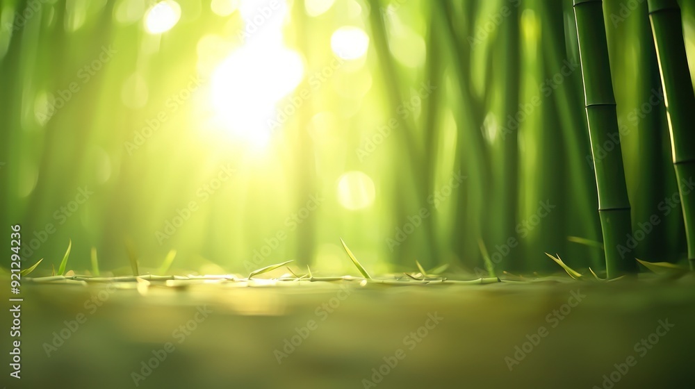 Poster a serene view of a bamboo forest, illuminated by soft sunlight, creating a peaceful and tranquil atm
