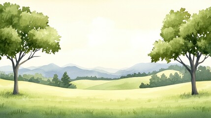 Fototapeta premium A serene landscape featuring lush green trees and rolling hills under a soft pastel sky, perfect for nature-themed designs.