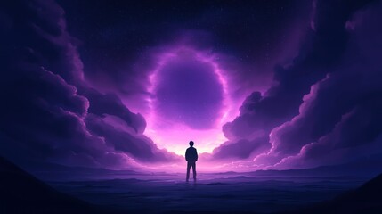 Fototapeta premium A silhouetted figure stands before a vibrant purple portal in a dramatic cloud-filled sky, evoking wonder and imagination.