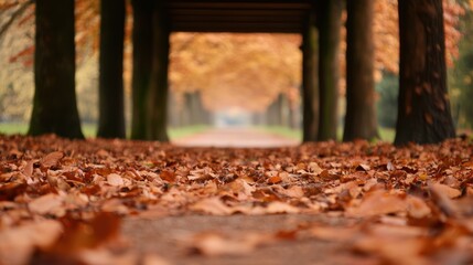 Obraz premium A tranquil pathway covered with autumn leaves, framed by trees, capturing the essence of fall in a serene outdoor setting.