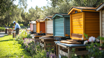 A modern honey farm with neatly arranged, brightly painted beehives.