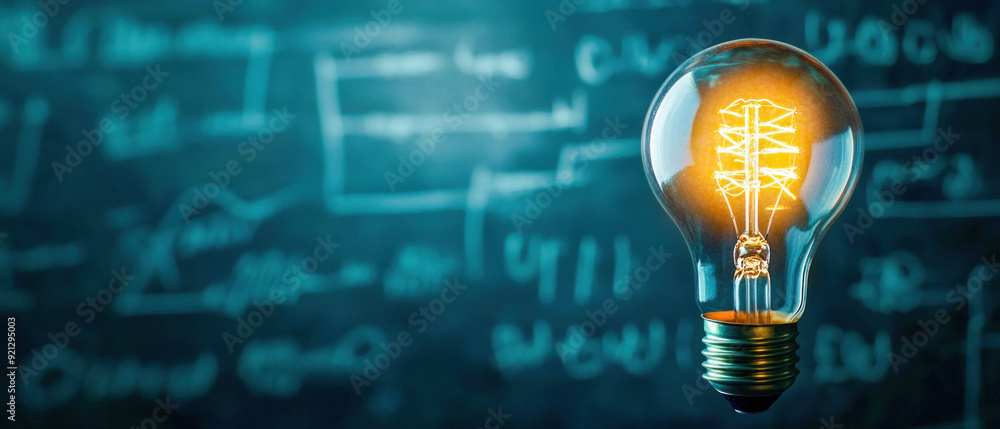 Poster illuminated light bulb with ai brain symbol in front of a blackboard