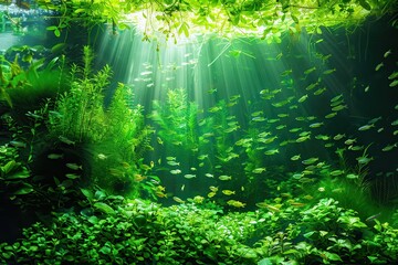 Obraz premium Freshwater: Underwater Green Landscape of Lake Ecosystem with Algae and Fish