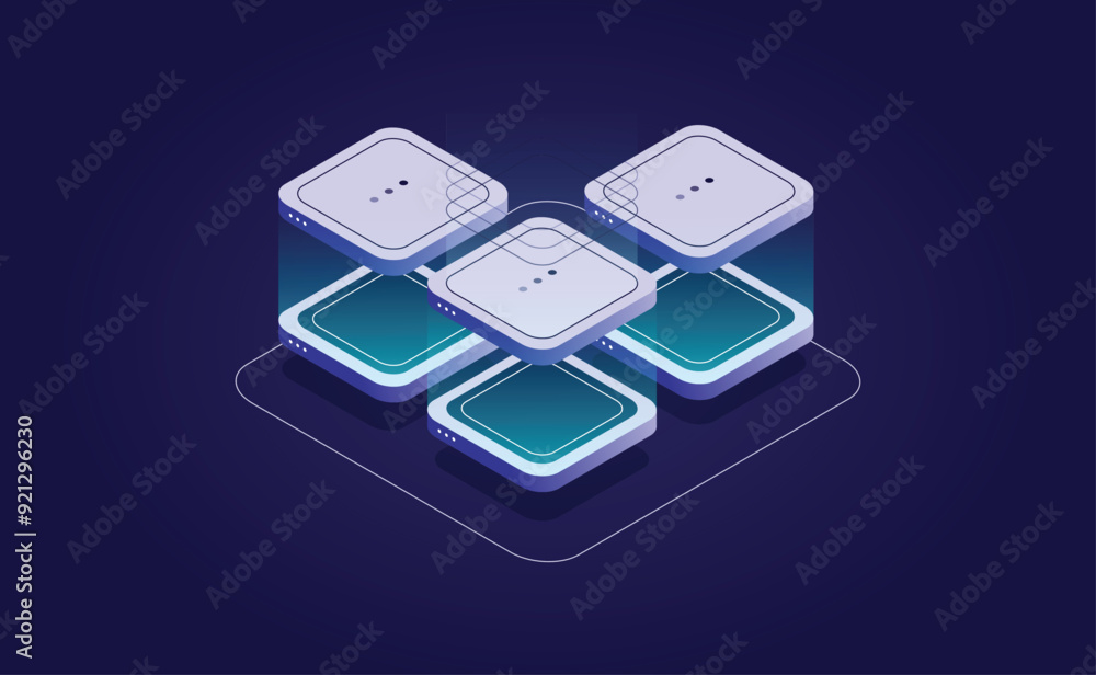 Poster server room isometric, futuristic technology of data protection and processing, cloud databases, web