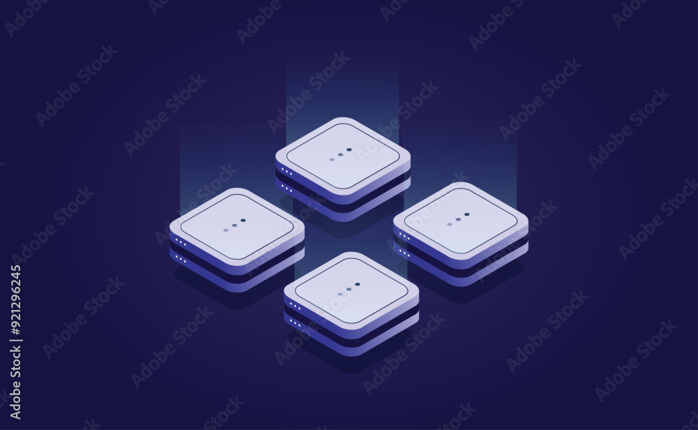 Poster server room isometric, futuristic technology of data protection and processing, cloud databases, web