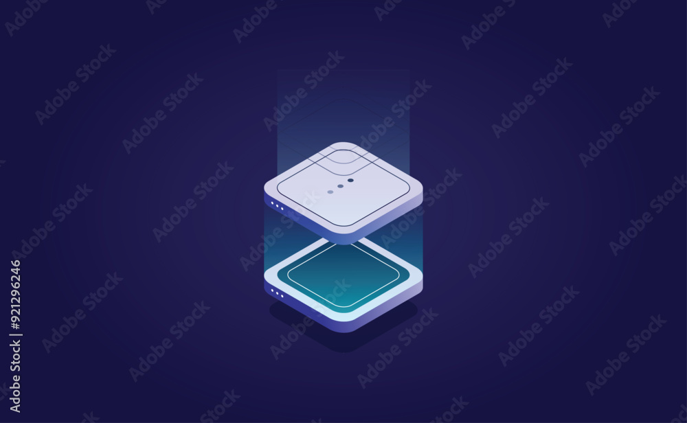 Poster server room isometric, futuristic technology of data protection and processing, cloud databases, web