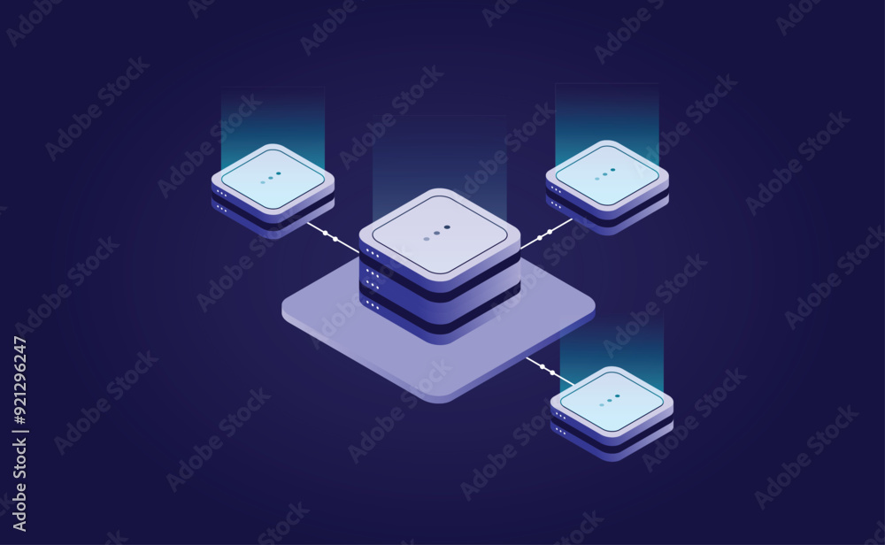 Poster server room isometric, futuristic technology of data protection and processing, cloud databases, web