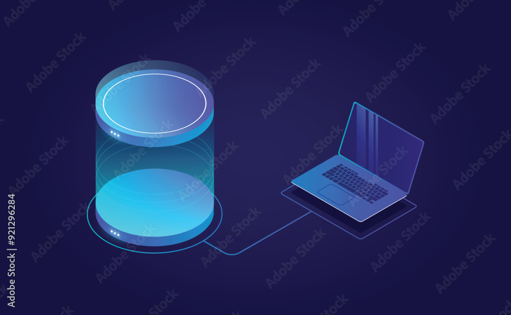Poster data processing concept, server room, web hosting concept, abstract technology objects.