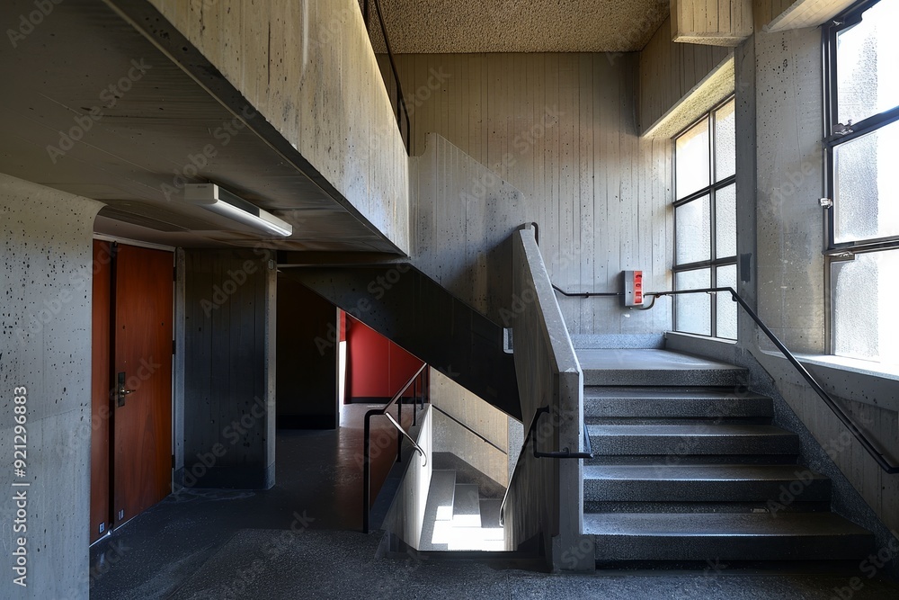 Poster a concrete building with a stairway ascending to a window, showcasing an architectural design, incor