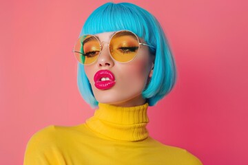 Closeup photo of cool trendy lady hold lips send kisses sexy chic wear stylish round retro specs yellow turtleneck blue short shiny wig isolated vibrant pink color background