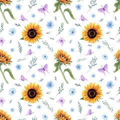 Sunflower and flying butterflies. Blooming herbs with fluttering pink insect. Seamless pattern with meadow plants. Watercolor floral illustration in rustic style. For textile, wrapping, scrapbook