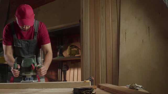 A skilled worker is using a milling machine in a cozy workshop, surrounded by wooden materials and tools. The operator carefully maneuvers the machine, showcasing precision and craftsmanship as he