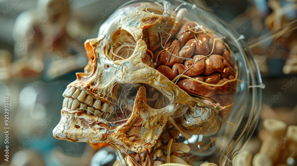 Poster a skull with a brain inside of a glass. the skull is old and has a yellowish color. the brain is bro