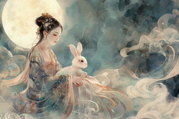 Beautiful chinese goddess chang'e holding jade rabbit and celebrating mid-autumn festival under full moon	