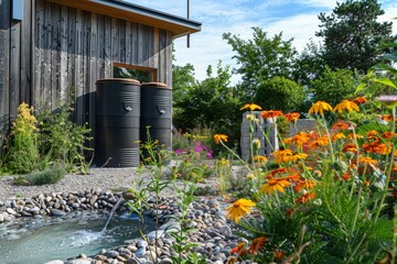 Naklejka premium Garden With Water Feature and Flowers, Incorporate water-saving features like rainwater harvesting systems or greywater recycling