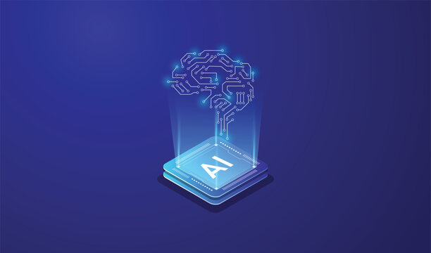 Isometric AI Banner Design: Artificial Intelligence and Modern Graphics, Brain technology vector design.