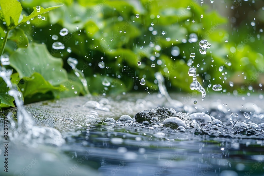 Poster water droplets splashing into a pond, creating ripples and bubbles, incorporate water-saving feature