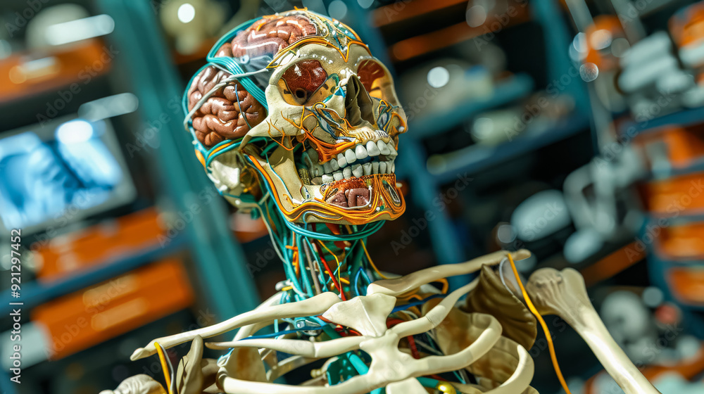 Poster a skull with a brain inside of a glass. the skull is old and has a yellowish color. the brain is bro