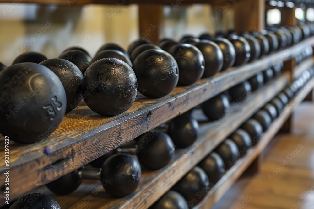Poster a row of black weights lined up in a gym, ready for weightlifting exercises, incorporating a variety