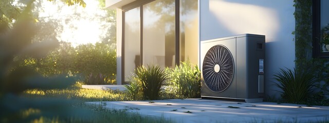 A high-resolution, ultra-realistic photograph of an outdoor heat pump unit mounted on the side wall of a modern home
