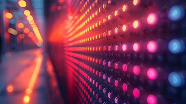 A vibrant wall illuminated by an array of colorful lights.
