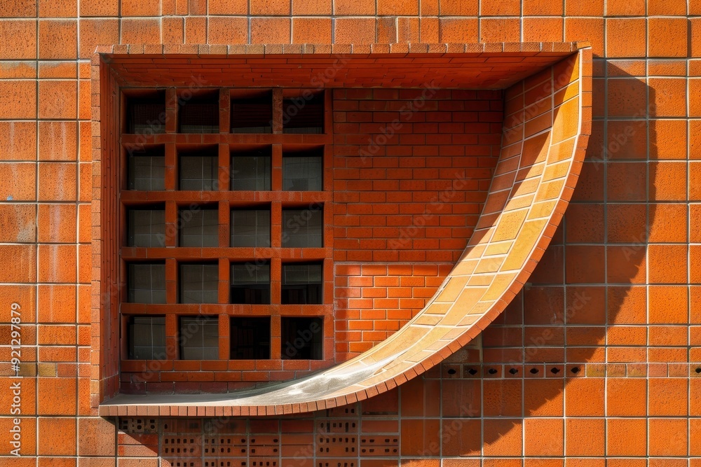 Poster a red brick building featuring a unique curved window design, incorporating abstract or surreal elem