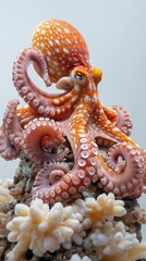 Fototapeta premium An orange octopus perched on a coral reef, showcasing its detailed texture and tentacles, against a soft, light background, highlighting the beauty of marine life.