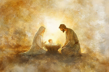 Watercolor painting of the nativity scene with mary and joseph kneeling by baby jesus in the manger