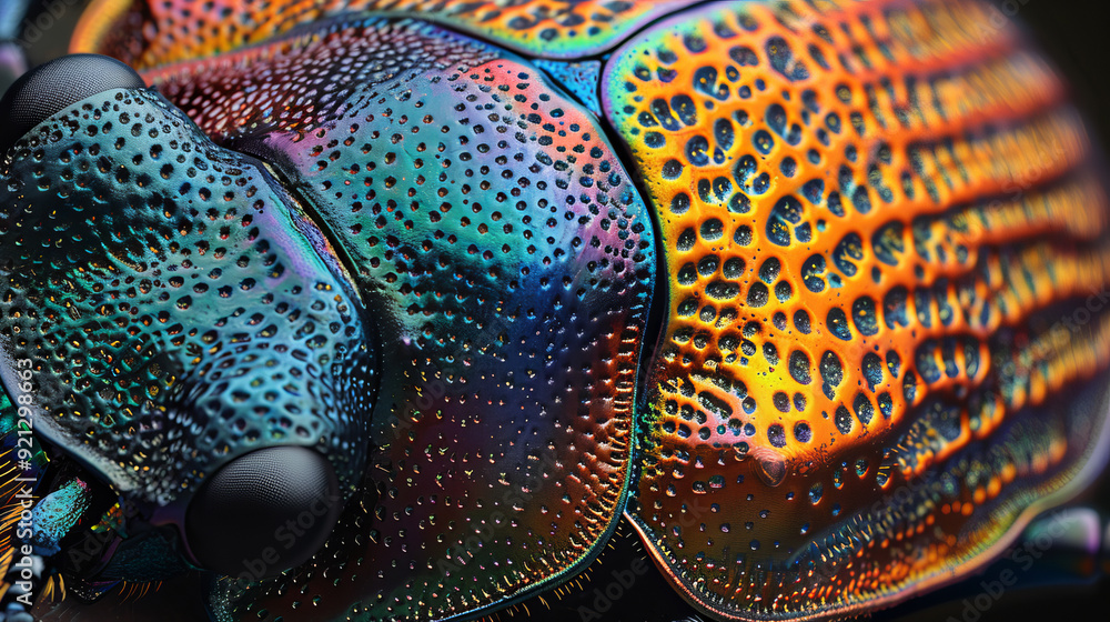 Poster close-up of a beetle's intricate shell texture and vivid colors