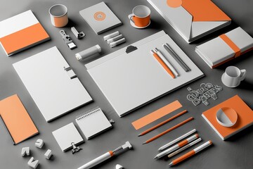 Orange and white stationery set arranged neatly on a plain grey background, Incorporating branding elements into promotional materials