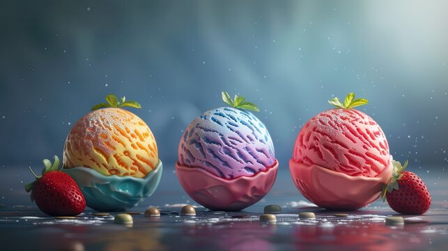 Frozen Dessert. Three Colorful Single Servings of Ice Cream: Chocolate, Vanilla, Strawberry