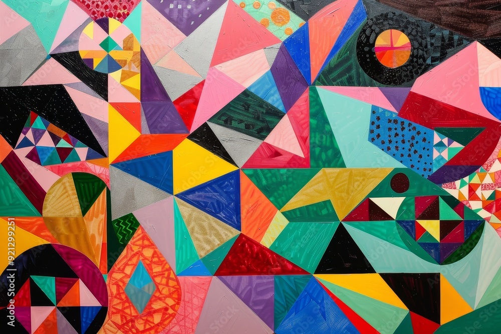 Poster an abstract painting featuring a variety of vivid and colorful geometric shapes and patterns, incorp