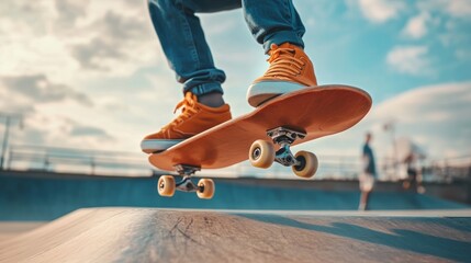 A skateboarder performs a trick in mid-air. The bright orange shoes stand out against the background. This shot captures the thrill of skateboarding in an urban park setting. AI