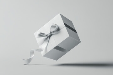 Square white gift box with a silver ribbon floating on a light grey background