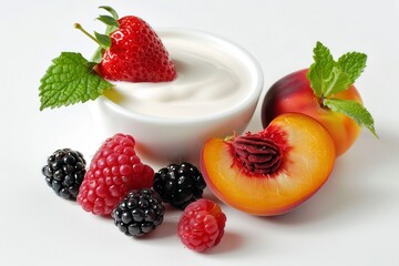 Fruit Yogurt. Fresh and Healthy Breakfast with Berries and Peaches