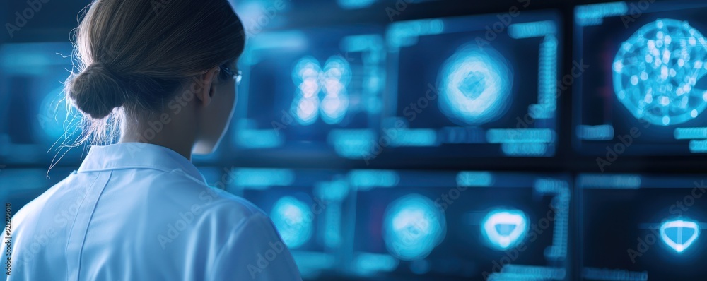 Poster a scientist analyzing data on advanced screens in a laboratory, showcasing modern technology and res