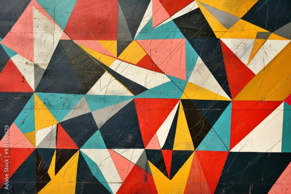 Poster vibrant geometric shapes and patterns in a colorful abstract painting displayed on a wall, incorpora