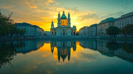 Fototapeta premium Stunning sunset over a serene lake with a majestic church in the background. The reflection creates a peaceful atmosphere. Architectural beauty meets nature's calm. AI.