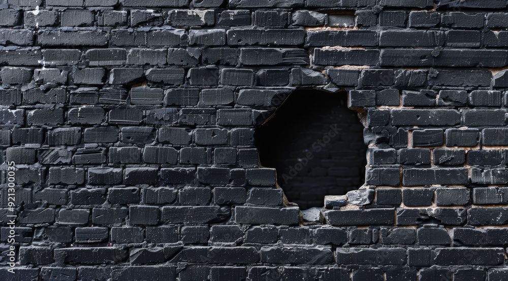 Poster this image shows a closeup of a textured black brick wall with a prominent circular hole, highlighti